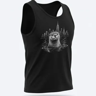 Line-art of a Bronx River otter with New York City skyline — printed on a tank top