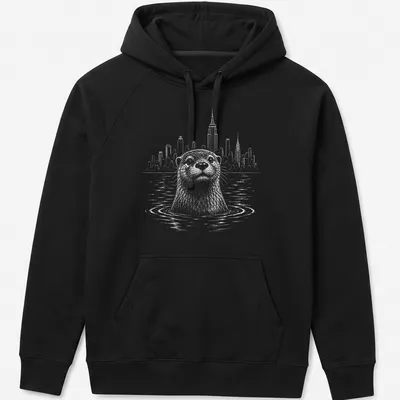 Line-art of a Bronx River otter with New York City skyline — printed on a unisex hoodie