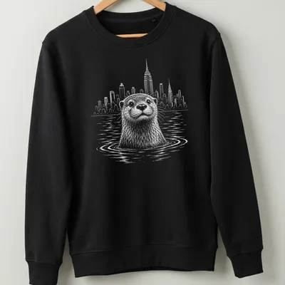 Line-art of a Bronx River otter with New York City skyline — printed on a unisex sweatshirt