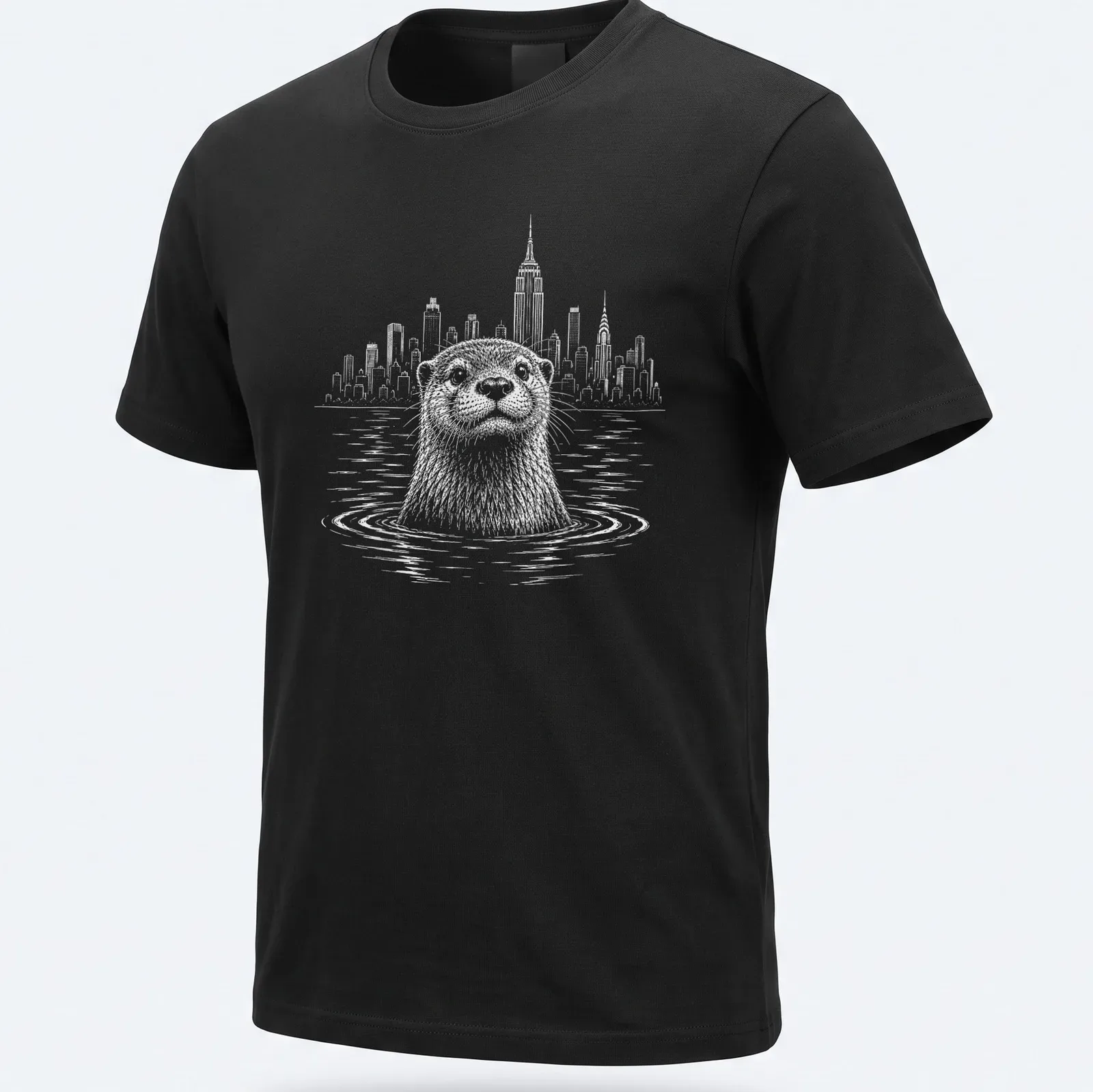 Line-art of a Bronx River otter with New York City skyline — printed on a unisex t-shirt