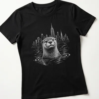 Line-art of a Bronx River otter with New York City skyline — printed on a women's shirt