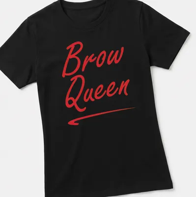 Red script text reading 'Brow Queen' on a — printed on a women's shirt