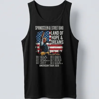 Vintage distressed Bruce Springsteen T-shirt with American Tour 2026 text — printed on a tank top