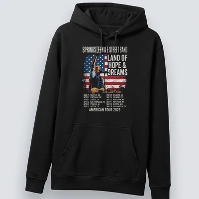 Vintage distressed Bruce Springsteen T-shirt with American Tour 2026 text — printed on a unisex hoodie