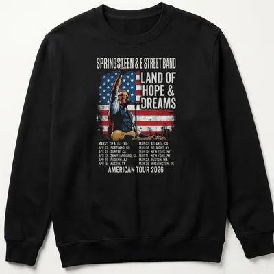 Vintage distressed Bruce Springsteen T-shirt with American Tour 2026 text — printed on a unisex sweatshirt