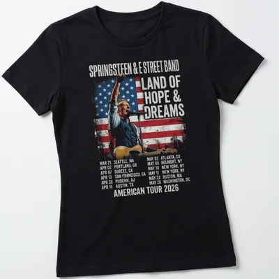 Vintage distressed Bruce Springsteen T-shirt with American Tour 2026 text — printed on a women's shirt