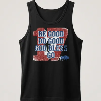 Distressed print featuring buffalo and text promoting goodness in red, white, and blue. — printed on a tank top