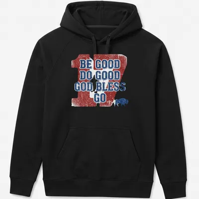 Distressed print featuring buffalo and text promoting goodness in red, white, and blue. — printed on a unisex hoodie