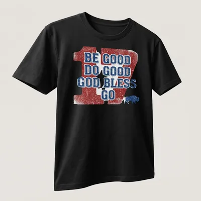 Distressed print featuring buffalo and text promoting goodness in red, white, and blue. — printed on a unisex t-shirt (angled view)