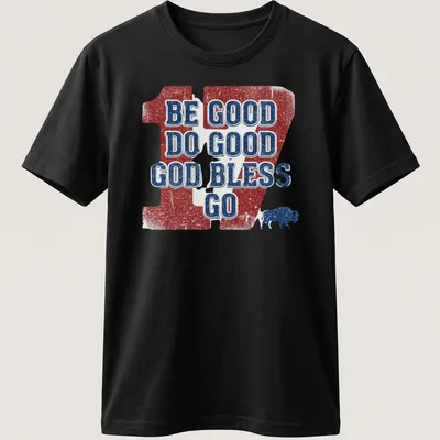 Distressed print featuring buffalo and text promoting goodness in red, white, and blue. — printed on a unisex t-shirt