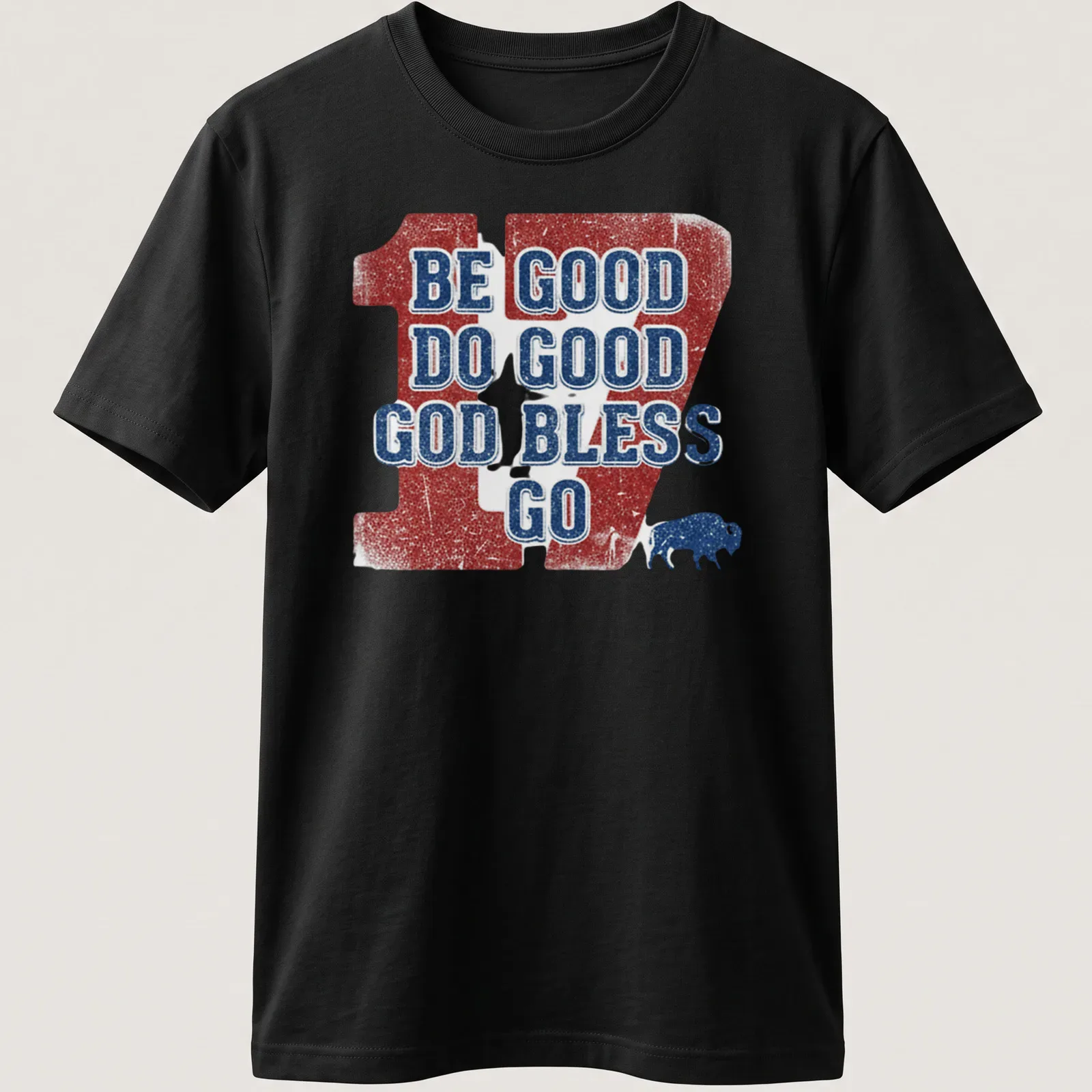 Distressed print featuring buffalo and text promoting goodness in red, white, and blue. — printed on a unisex t-shirt