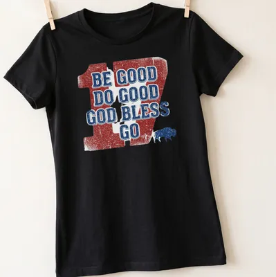 Distressed print featuring buffalo and text promoting goodness in red, white, and blue. — printed on a women's shirt