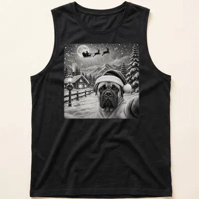 Bullmastiff in Santa hat under the moonlight with sleigh, vintage style — printed on a tank top