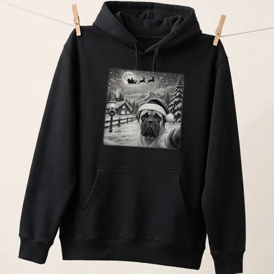 Bullmastiff in Santa hat under the moonlight with sleigh, vintage style — printed on a unisex hoodie
