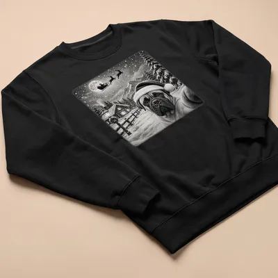 Bullmastiff in Santa hat under the moonlight with sleigh, vintage style — printed on a unisex sweatshirt