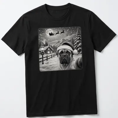 Bullmastiff in Santa hat under the moonlight with sleigh, vintage style — printed on a unisex t-shirt