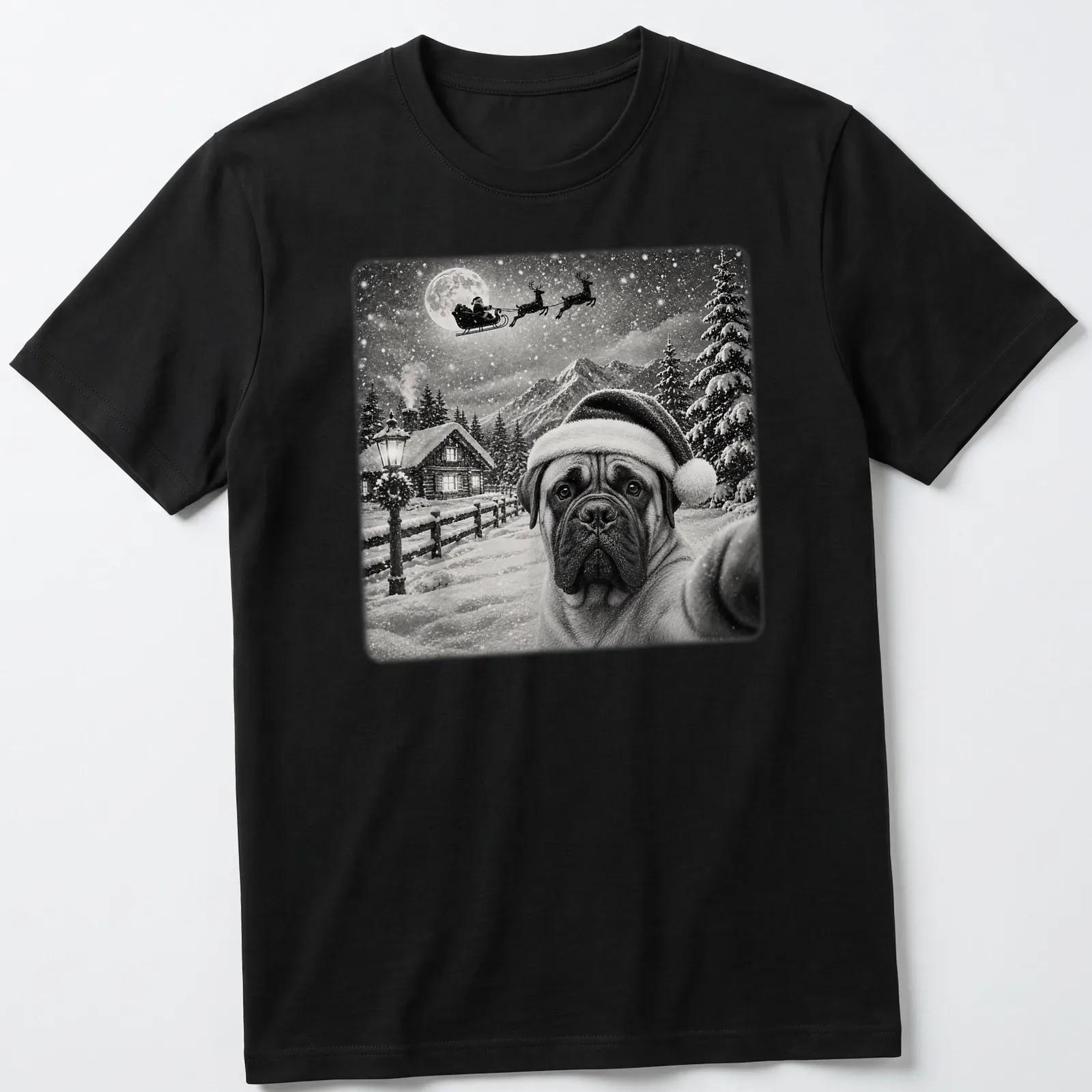 Bullmastiff in Santa hat under the moonlight with sleigh, vintage style — printed on a unisex t-shirt