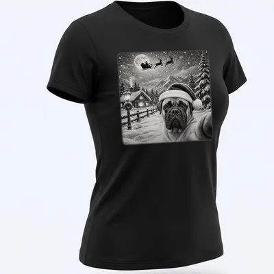 Bullmastiff in Santa hat under the moonlight with sleigh, vintage style — printed on a women's shirt