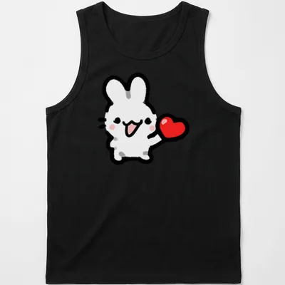 Kawaii line-art of a bunny holding a heart in white, red, black, and pink — printed on a tank top
