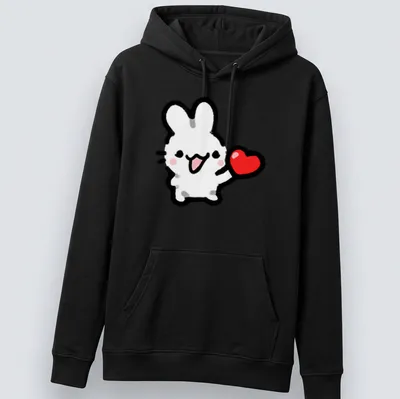 Kawaii line-art of a bunny holding a heart in white, red, black, and pink — printed on a unisex hoodie
