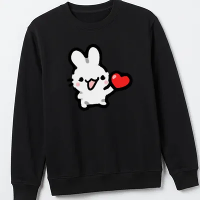 Kawaii line-art of a bunny holding a heart in white, red, black, and pink — printed on a unisex sweatshirt