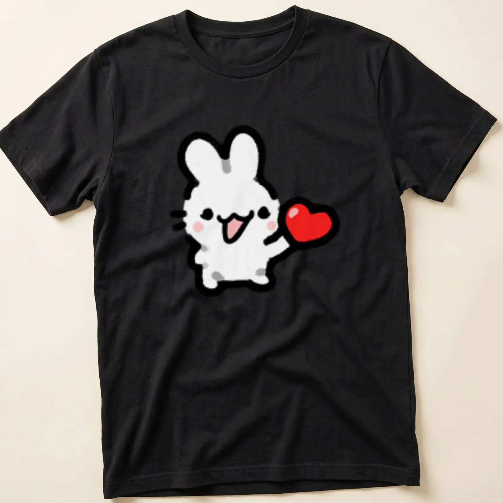 Kawaii line-art of a bunny holding a heart in white, red, black, and pink — printed on a unisex t-shirt