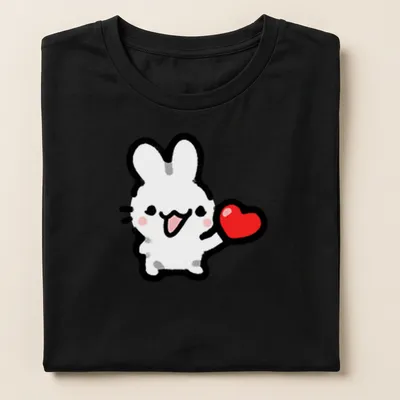 Kawaii line-art of a bunny holding a heart in white, red, black, and pink — printed on a women's shirt