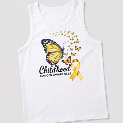 Colorful illustration of a butterfly with Childhood Cancer Awareness text — printed on a tank top