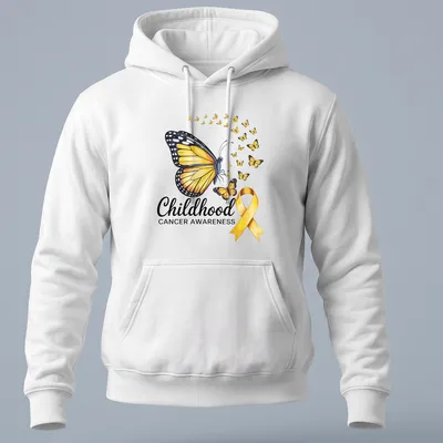 Colorful illustration of a butterfly with Childhood Cancer Awareness text — printed on a unisex hoodie