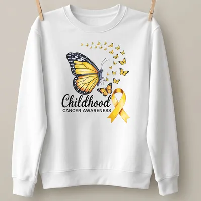 Colorful illustration of a butterfly with Childhood Cancer Awareness text — printed on a unisex sweatshirt