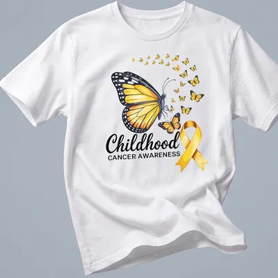 Colorful illustration of a butterfly with Childhood Cancer Awareness text — printed on a unisex t-shirt
