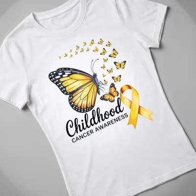 Colorful illustration of a butterfly with Childhood Cancer Awareness text — printed on a women's shirt