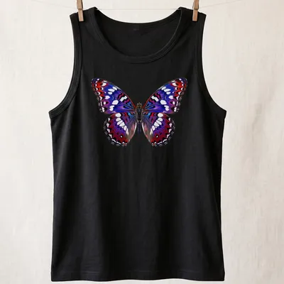 Realistic butterfly design with purple, red, blue, white, and black colors, including 'Cho Cho' text — printed on a tank top