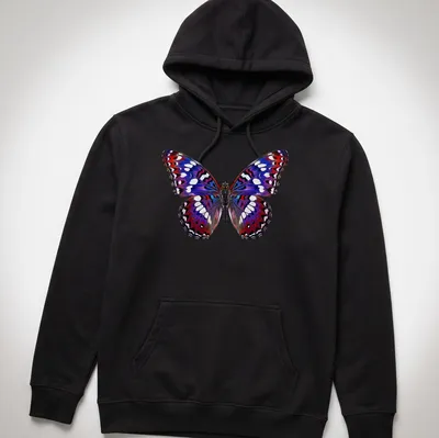 Realistic butterfly design with purple, red, blue, white, and black colors, including 'Cho Cho' text — printed on a unisex hoodie