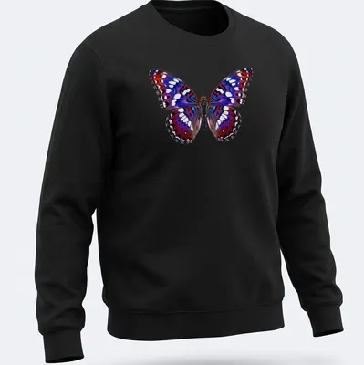 Realistic butterfly design with purple, red, blue, white, and black colors, including 'Cho Cho' text — printed on a unisex sweatshirt