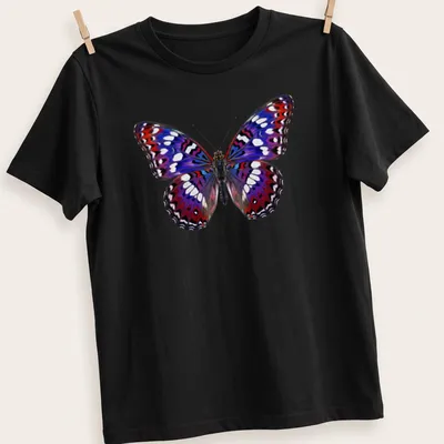Realistic butterfly design with purple, red, blue, white, and black colors, including 'Cho Cho' text