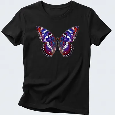 Realistic butterfly design with purple, red, blue, white, and black colors, including 'Cho Cho' text — printed on a women's shirt