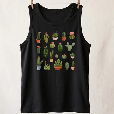 Watercolor print of cacti and succulents with text 'Prickles & Petals' — printed on a tank top