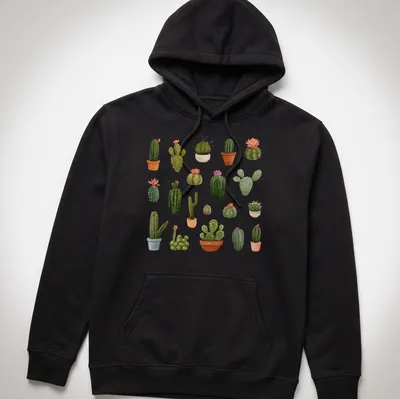 Watercolor print of cacti and succulents with text 'Prickles & Petals' — printed on a unisex hoodie