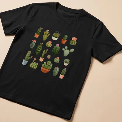 Watercolor print of cacti and succulents with text 'Prickles & Petals' — printed on a unisex t-shirt