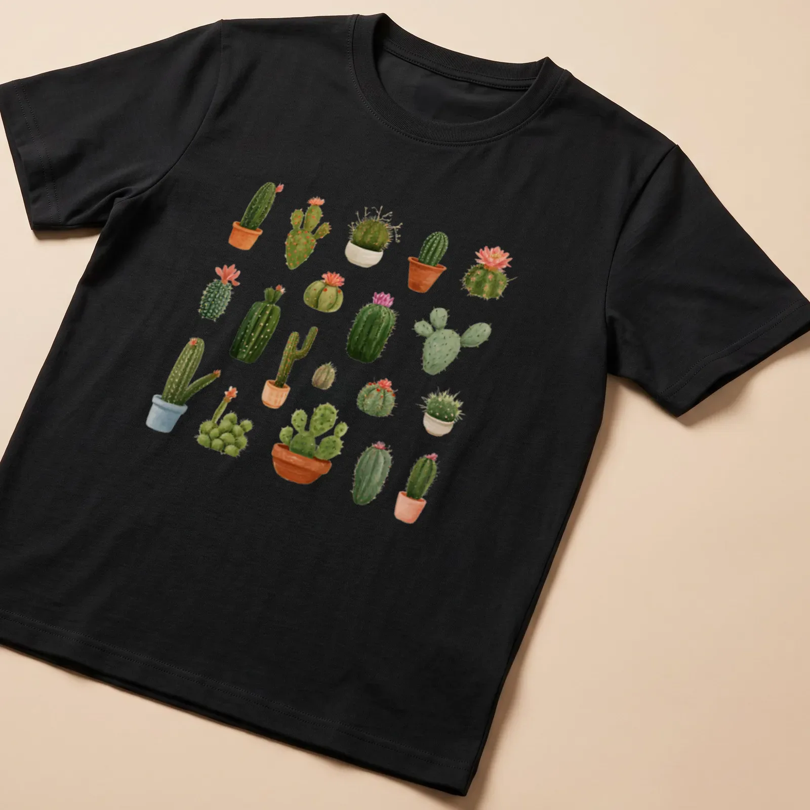 Watercolor print of cacti and succulents with text 'Prickles & Petals' — printed on a unisex t-shirt