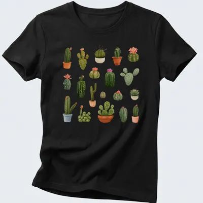 Watercolor print of cacti and succulents with text 'Prickles & Petals' — printed on a women's shirt