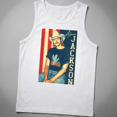 Retro fan t-shirt featuring Alan Jackson text with a cactus graphic in vibrant colors — printed on a tank top