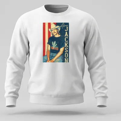 Retro fan t-shirt featuring Alan Jackson text with a cactus graphic in vibrant colors — printed on a unisex sweatshirt
