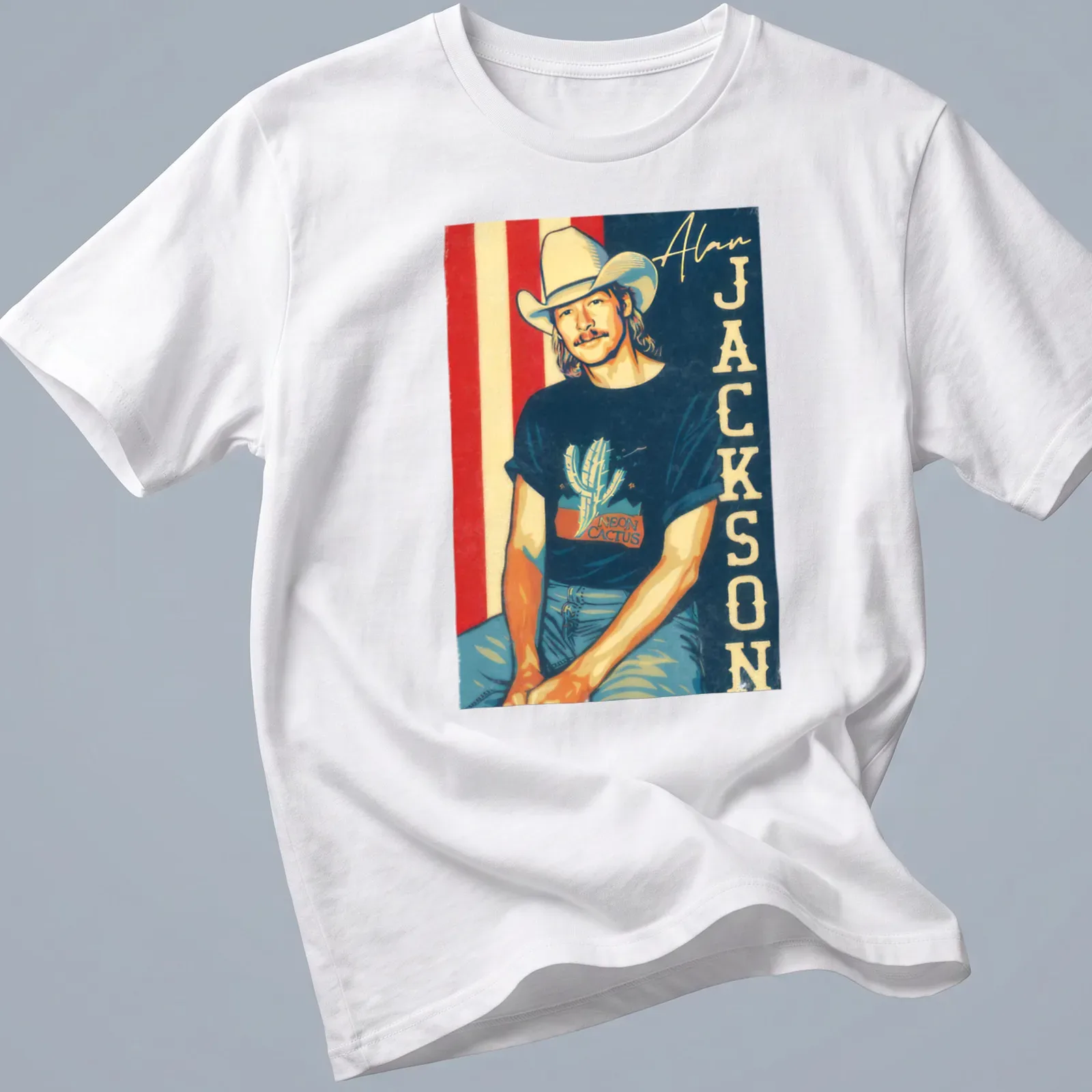 Retro fan t-shirt featuring Alan Jackson text with a cactus graphic in vibrant colors — printed on a unisex t-shirt