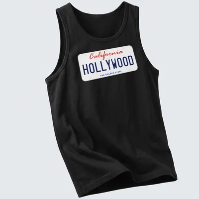 California license plate design with Hollywood and The Golden State in red and blue — printed on a tank top
