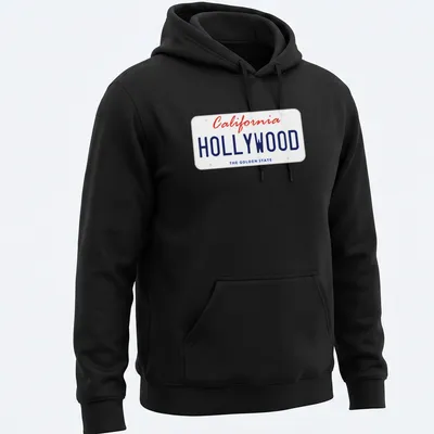 California license plate design with Hollywood and The Golden State in red and blue — printed on a unisex hoodie