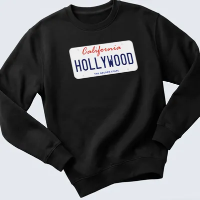 California license plate design with Hollywood and The Golden State in red and blue — printed on a unisex sweatshirt