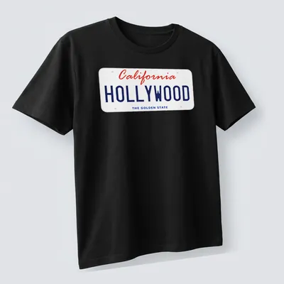 California license plate design with Hollywood and The Golden State in red and blue — printed on a unisex t-shirt (angled view)
