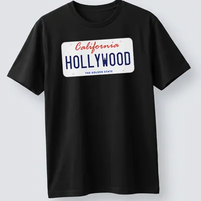 California license plate design with Hollywood and The Golden State in red and blue — printed on a unisex t-shirt